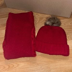 Red fuzzy scarf and hat set